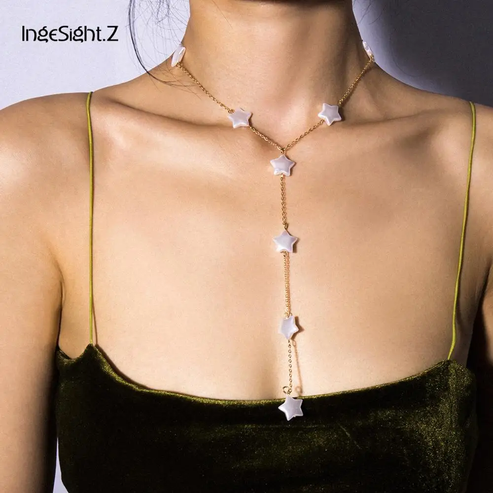 IngeSight. Z ожерелье-чокер в стиле панк с искусственным жемчугом и звездами, длинное ожерелье на цепочке в стиле бохо для женщин и девушек, ювелирные аксессуары