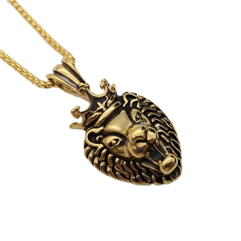 

Vintage gold color stainless steel crown lion pendant & necklace mens cool animal roaring lion necklace rock jewelry