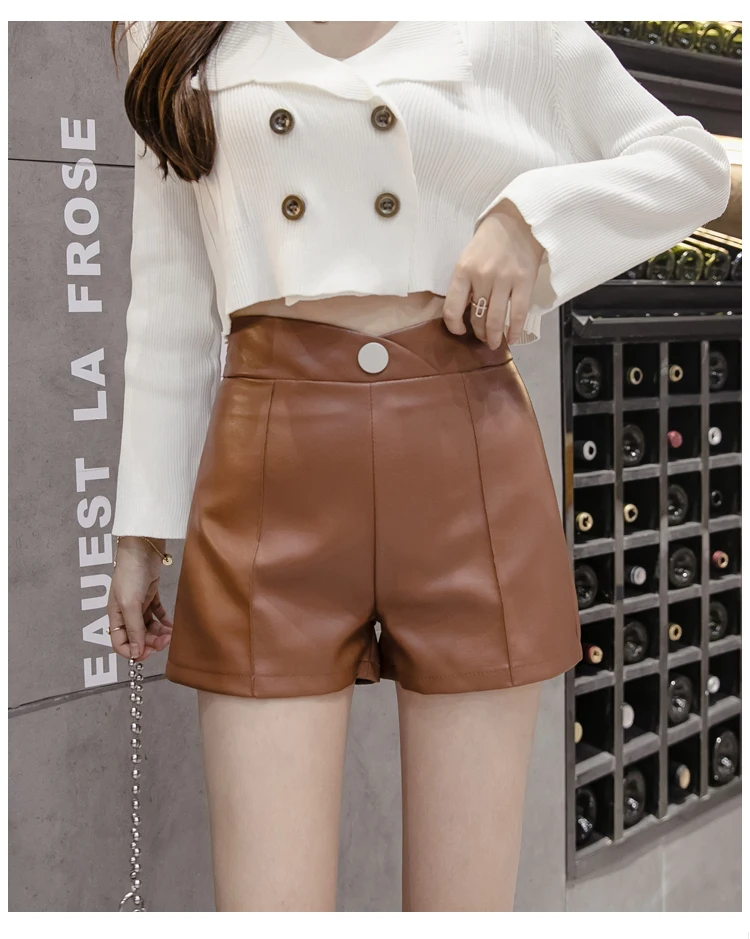 High Waist PU Leather Shorts Women Korean Style Women Short Shorts Ladies Casual Leather Shorts With Buttons Autumn Winter