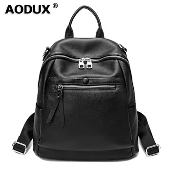 

AODUX 100% IItalian Genuine Cow Leather Calfskin Silver Hardware Women Backpacks Girl First Layer Cowhide Female School Book Bag