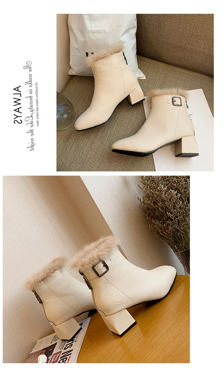 Plush Ankle Boots Women 5 Cm Thick High Heel Short Boots Ladies Winter Shoes Woman Warm Fashion Buckle Black Beige