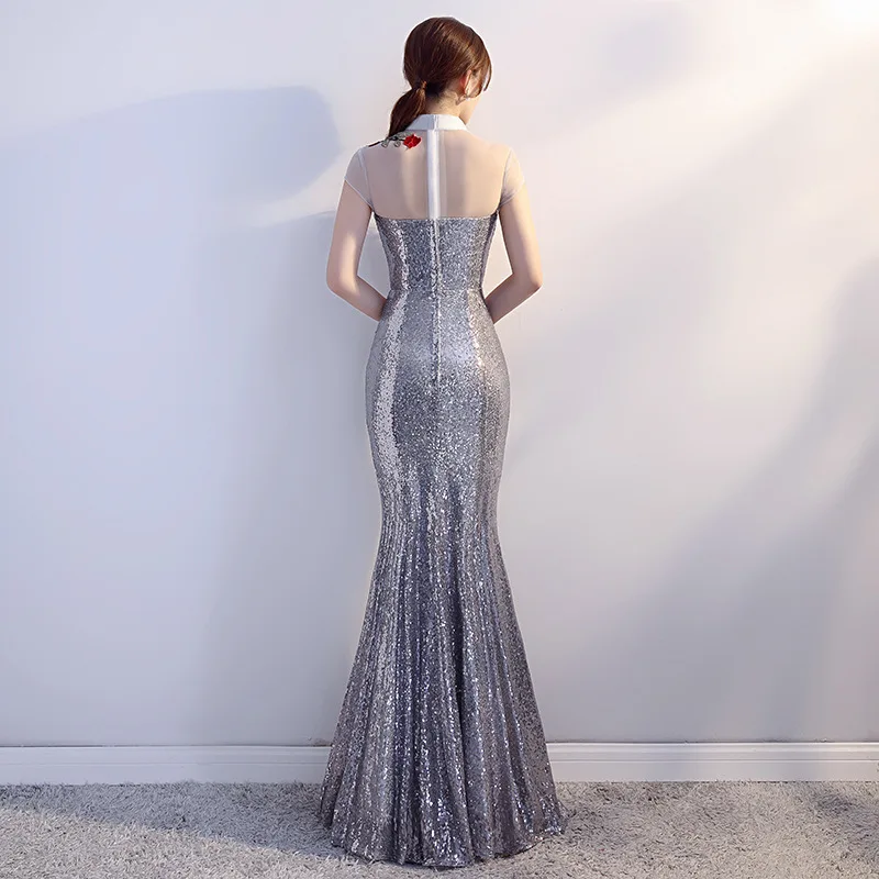 Серое Женское вечернее платье Cheongsam для свадебной вечеринки элегантное платье для выпускного вечера длинное бальное платье в стиле ретро Vestido S-3XL