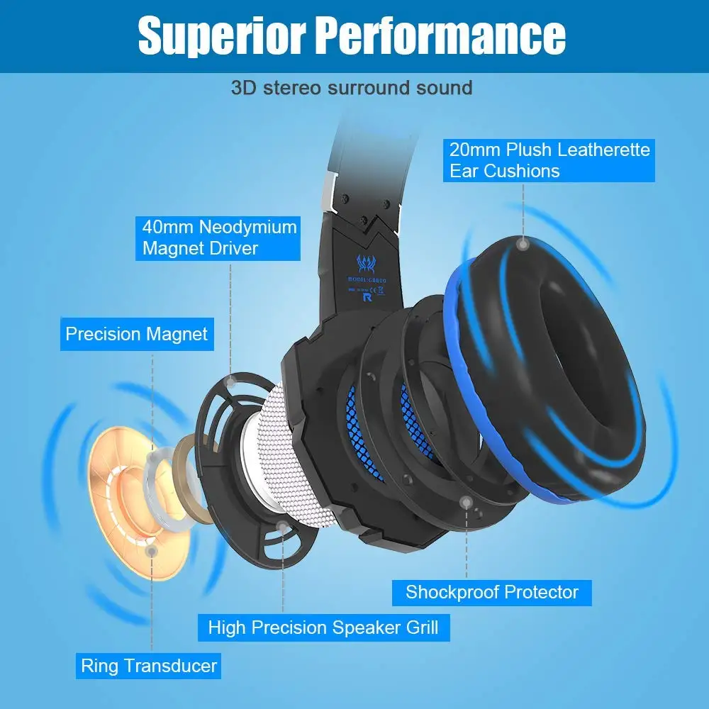 Head Mounted Computer Gaming Headset Stereo Noise Cancelling Over Ear Headphones with Mic LED Light For PS4 PC