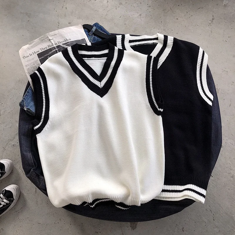 

Autumn Vest Sweater Men Fashion Contrast Color Casual Knit Sweaters Vest Man Streetwear Loose Sleeveless Sweter Vest Clothes