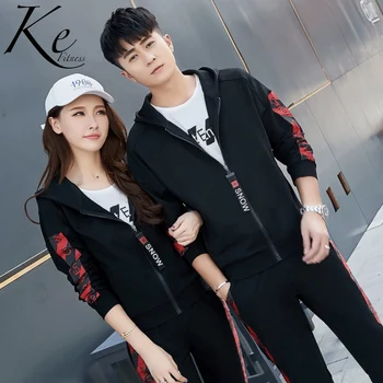 

KE Student autumn sport set unisex man woman tracksuit black men women couple 2 pieces big size plus extra 4XL jacket & Pants