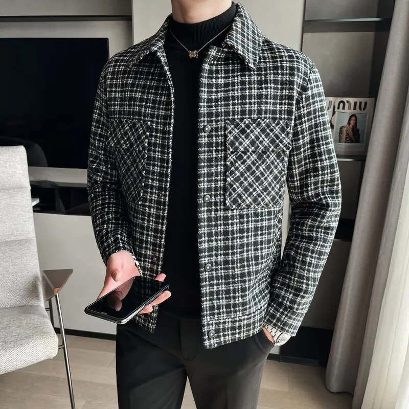 New Autum Winter Wool Blends Jacket Men Thick Plaid Casual Business Trench Coat Fashion Short Slim Social Overcoat Windbreaker