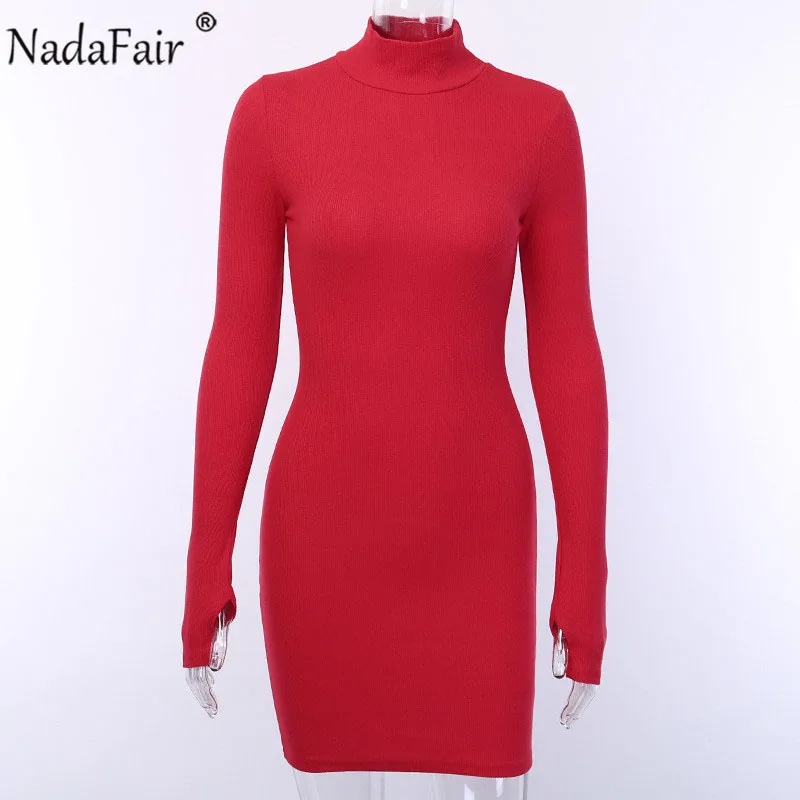 Красный Nadafair/повседневное однотонное осенне-зимнее платье с длинным рукавом; женские вечерние платья с высоким воротом для ночного клуба; неоновое облегающее мини-платье черного цвета - Цвет: Красный