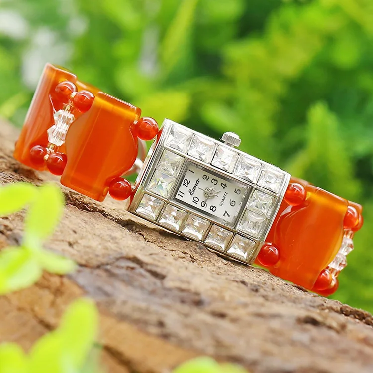 

Rectangular Quartz Watch Crystal Red Agate Fashion Bracelet Watch Diamond Set Jade Bracelet Watch Waterproof Supply of Goods