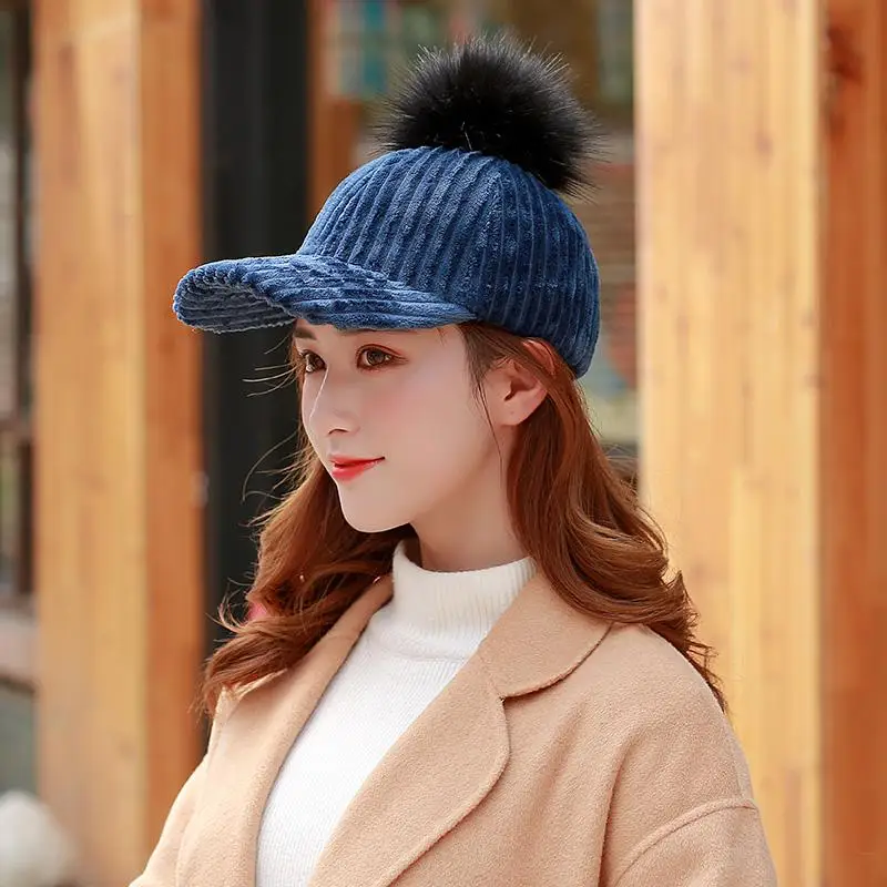 COKK зимние шапки для женщин бейсбольная кепка с меховым помпоном однотонная полоса модная женская шляпа Женская Gorras Snapback Регулируемая теплая - Цвет: Navy Blue