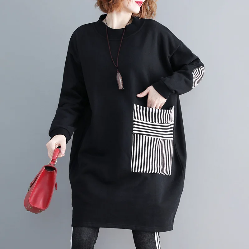 

[EWQ] 2019 Spring Autumn High Quality Round Collar Long Sleeve Striped Big Pockets Pullovers Plus Velvet Dress Women AH34001