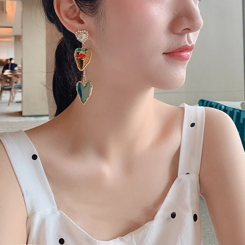 MENGJIQIAO новые корейские элегантные акриловые вишневые серьги в форме сердца для женщин девушек блестящие Кристальные праздничные серьги Mujer Moda