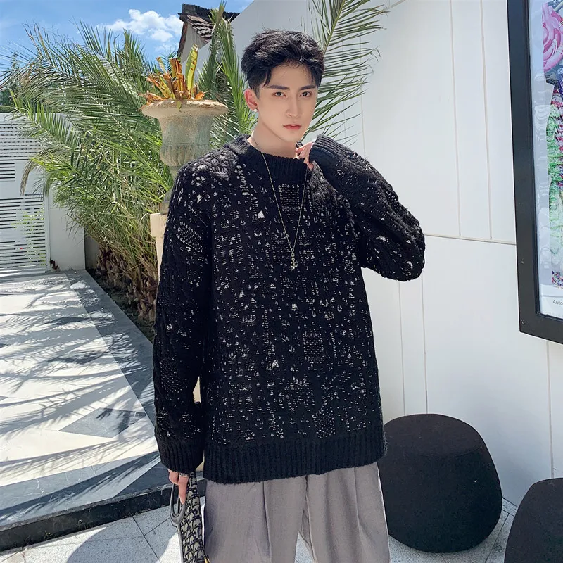 Autumn New Sweater Men Fashion Double Hole Sweter Man Streetwear Wild Loose Hip Hop Long-sleeved Knit Pullover Men Clothes