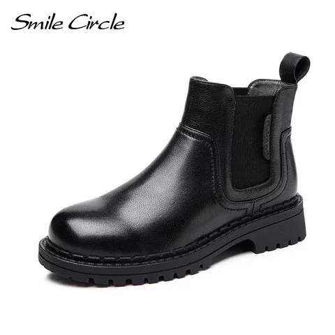 Smile Circle Slip-On Cow Leather Chelsea Boots Ankle Boots Women Platform Boots Fashion Round toe Casual Booties femme