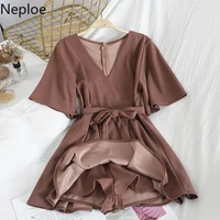 Neploe 2021 Solid V Neck Women Jumpsuit Fashion Korean Short Sleeve Lace Up Playsuit Casual High Waist Wide Leg Bodysuit 81272