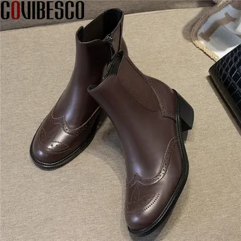 

COVIBESCO 2020 Elastc Band Genuine Leather Winter Boots Fashion Quality Chunky Heels Shoes For Women Office Lady Shoes Woman