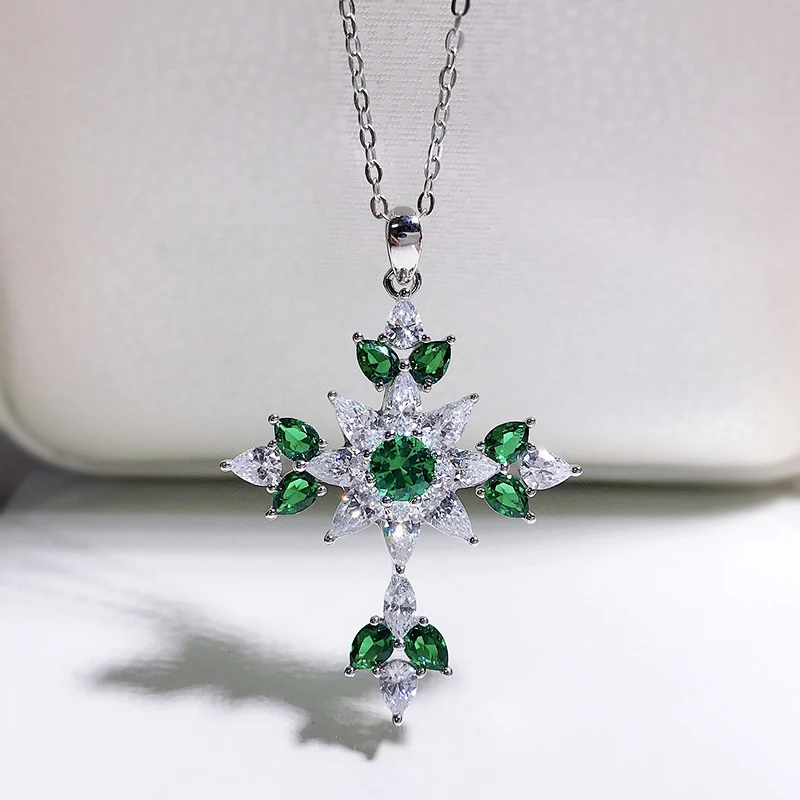 OEVAS 100% 925 Sterling Silver Emerald High Carbon Diamond Cross Pendant Necklace For Women Sparkling Wedding Fine Jewelry Gift