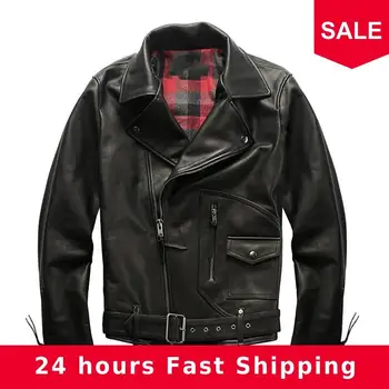 

2020 Black Men American Style Motorcycle Leather Jacket Large Size XXXL Genuine Cowhide Autumn Slim Fit Biker's Leather Coat