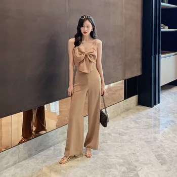 

Sheer Casual Elegant Summer 2 Piece Set for Women Off Shoulder Blouse Women with Bow and Wide Legge Pant Ladies Two Piece Set