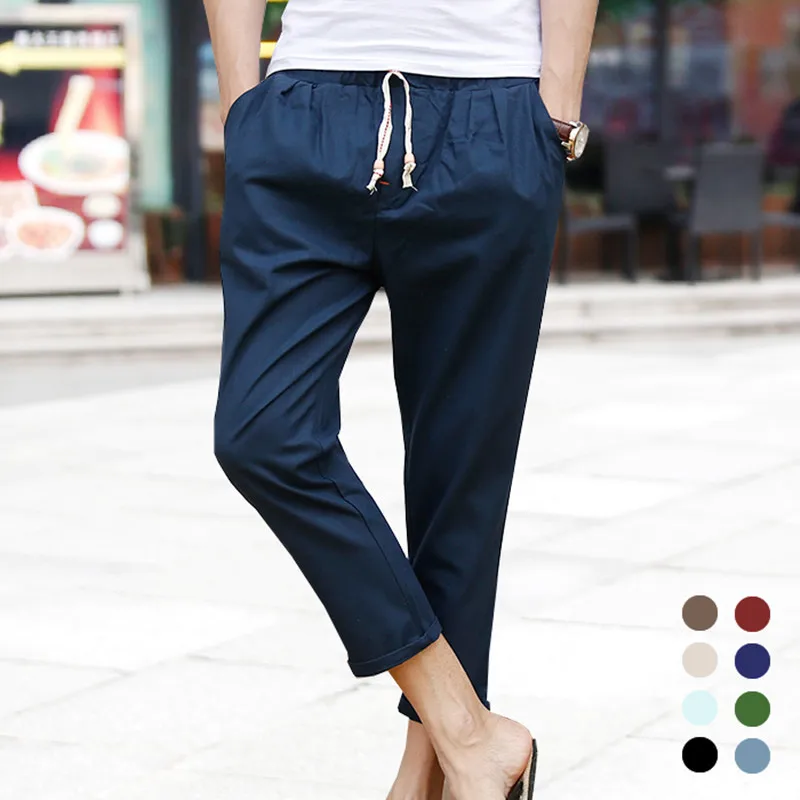 

Summer Men'S Wear Linen Pants Summer Day Cotton Linen Casual Pants 9 Points Pants MAN'S Ninth Pants Couples Skinny Harem Pants