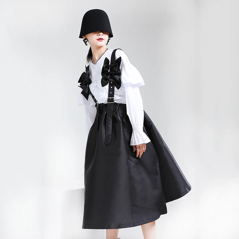 [EAM] Women Black Bow Split Joint Buckle Temperament Dress New Sleeveless Loose Fit Fashion Tide Spring Autumn 2020 1Z663