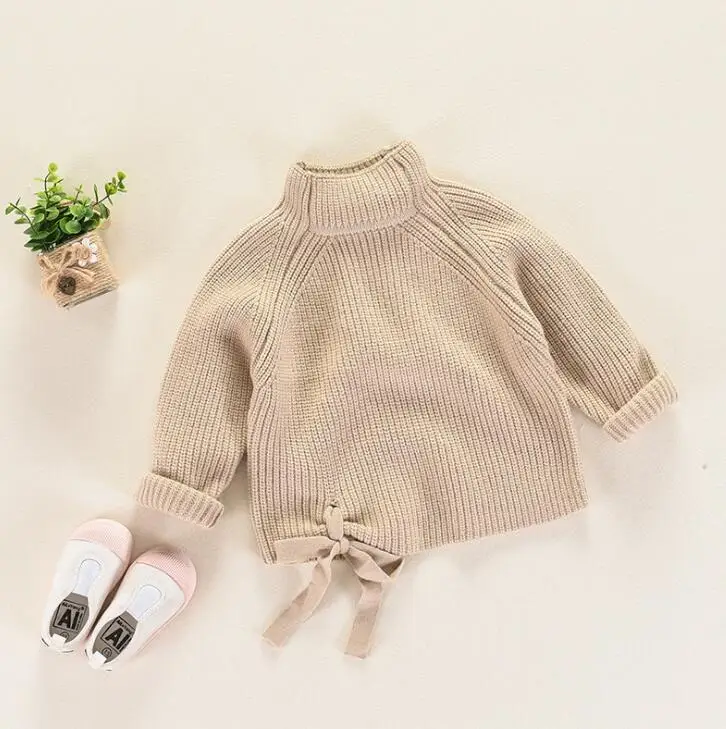 Бежевый Kids Sweater Girls tie sweaters Long Sleeve Warm Sweater Clothes Autumn Toddler Kids Girls Baby Clothes - Цвет: Бежевый