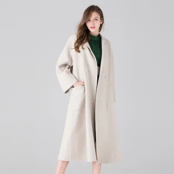 

long woolen blends cashmere coats for women 2019 autumn winter casual ladies jackets plus size overcoat beige belt loose