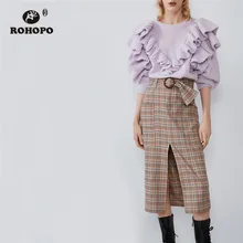 ROHOPO пояс-бабочка, прямая клетчатая юбка миди с разрезом спереди и боковыми отворотными карманами, женская осенняя длина до середины икры, Falda#1369
