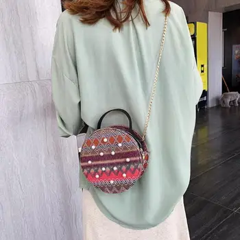 

Crossbody Bags Ethnic Style Ladies Wave Pearl Decor Shoulder Messenger Handbags Casual Woven Women Chain Round Crossbody Bags