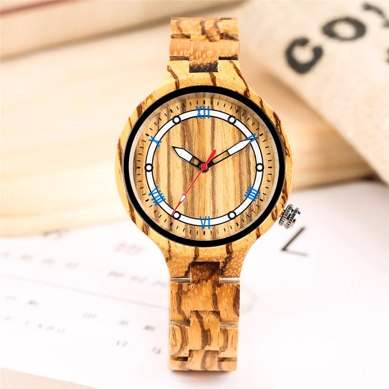 Handmade Ebony Wooden Clock Lady Quartz Analog Watches Luminous Pointers Roman Number Dial Wrist Watch to Women Wood Bracelet