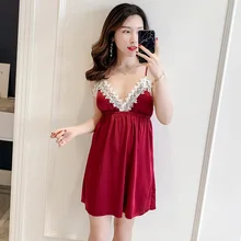 Sexy Dark Red Summer Womens Sleep Robe Silky Strap Top Sleepwear Nightdress Nightgown Bath Gown Sleepshirts Bathrobe M-XXL