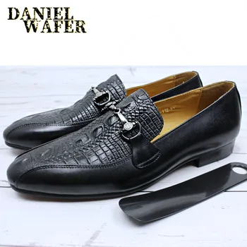 

ITALIAN FASHION MENS LOAFERS LEATHER LUXURY ALLIGATOR PRINTS CASUAL SHOES BLACK BROWN SLIP ON POINTED TOE FORMAL DRESS SHOES MEN