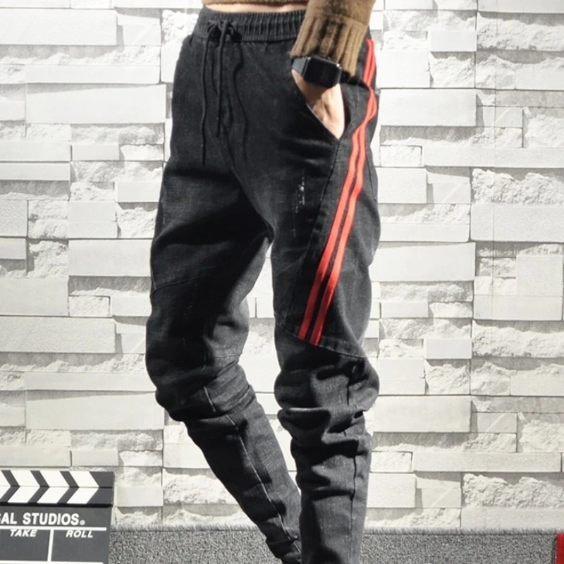 

Winter Striped Pencil Jeans Men Fashion Slim Fit Elastic Waist Drawstring Harem Pants Street Style Hip Hop Denim Trousers