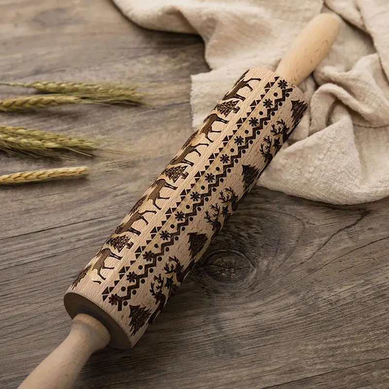 

Christmas Embossing Rolling Pin Baking Cookies Noodle Biscuit Fondant Cake Dough Engraved Roller Reindeer Snowflake Dropshipping