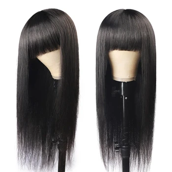 

Human Hair Wigs With Bangs Full Machine Made Peruvian Straight Remy Hair Natural Color Wig 150% Denisty Human Hair Wigs