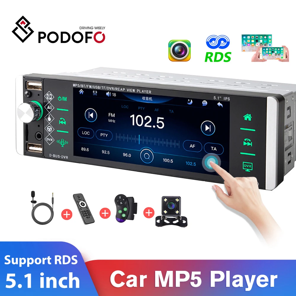 Podofo 1Din AI Voice Car Stereo Receiver 5188 Bluetooth Autoradio 5.1 Inch MP5 Audio Video Player RDS AM FM Radio Tape Recorder |
