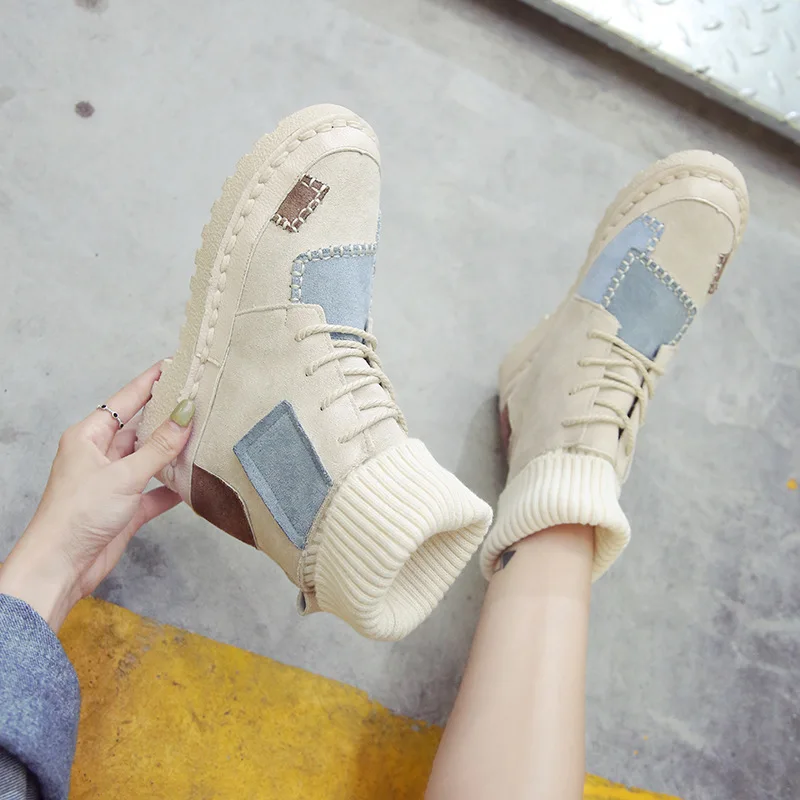 

2019 Autumn & Winter New Style Yarn Mouth Socks Martin Boots Patch Flat Korean-style Students Casual plus Velvet Women's Trendy