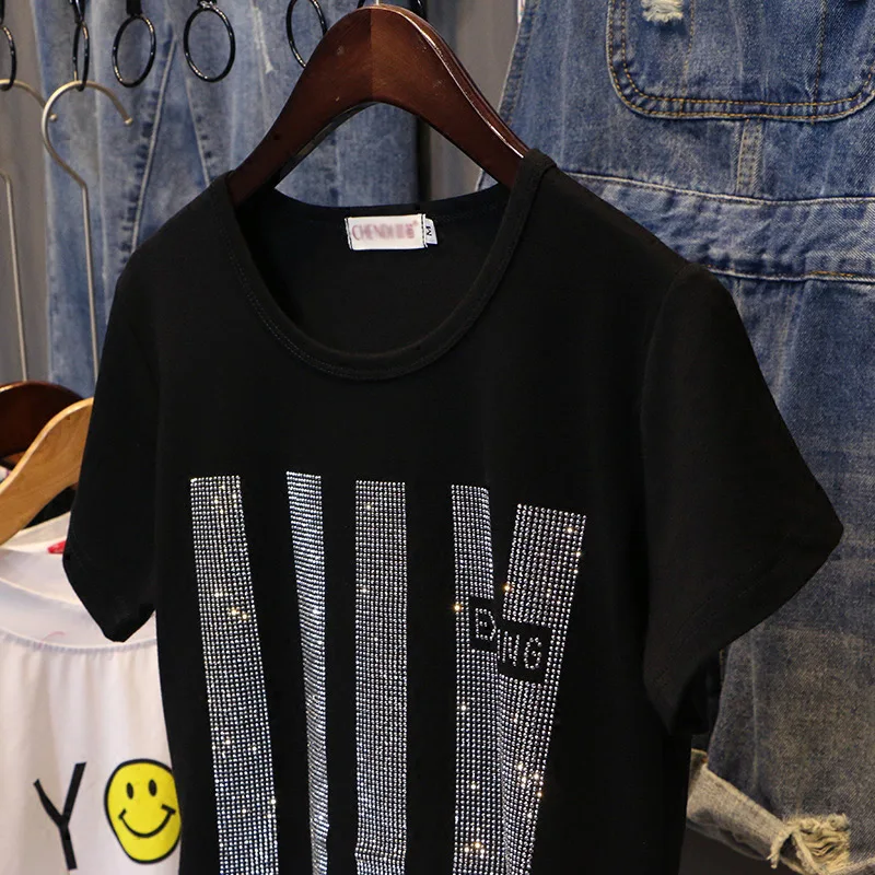 Cheap Short sleeve T shirt women Summer clothes New 2019 fashion Hot drilling printing loose cotton Bottoming shirt Pullovers C1043