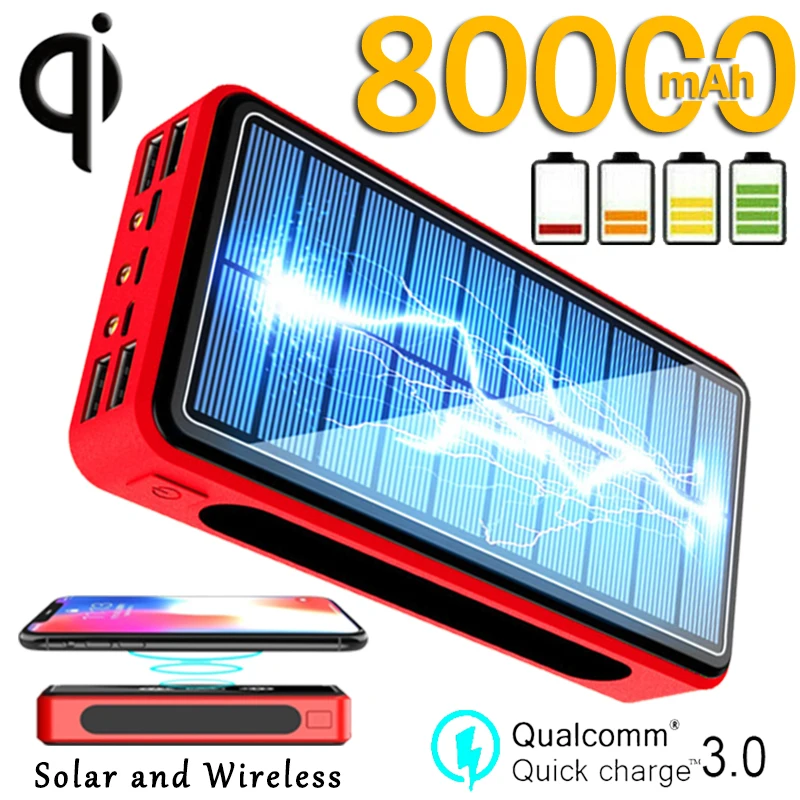 80000mAh Солнечное Беспроводное зарядное устройство для телефона портативное