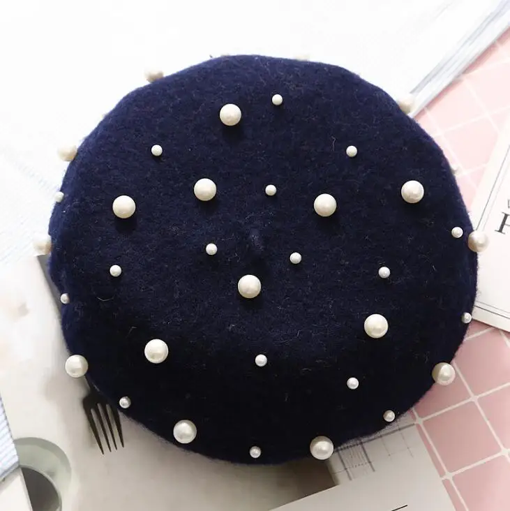 Navy Blue Классический шикарный женский кашемировый берет с жемчугом, шапка для девочек, осенне-зимняя одежда, элегантные пушистые женские береты, шапки - Цвет: Navy Blue