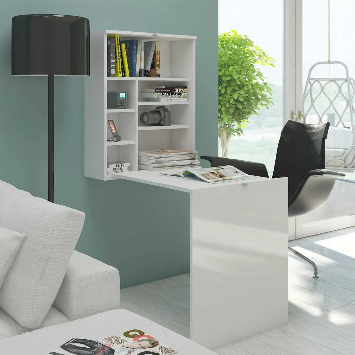 

Wall Mount Writing Table Desk Work Station Fold Out Space Saver Convertible Floating Foldable White Office High Gloss