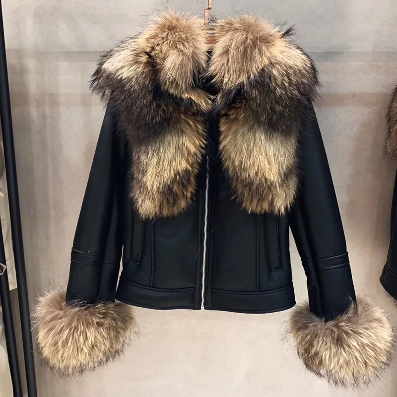 raccoon fur collar Женские зимние пальто из овчины, женские пальто из натурального меха енота, Воротник из меха серебристой лисы, овечья кожа, верхняя одежда из меха - Цвет: raccoon fur collar