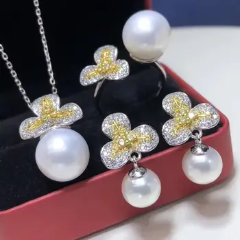 

D511 Pearl Set Fine Jewelry 925 Sterling Silver Round 8-12mm Nature Fresh Water White Pearls Jewelry Sets for Women Presents