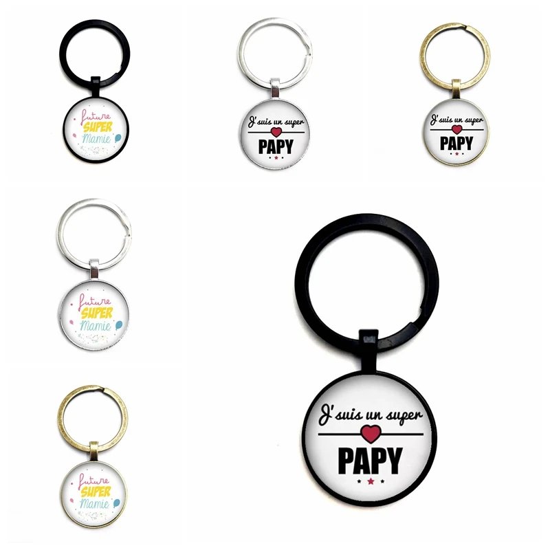 

2020 New Document Subtitles "Super Mamie, Papy, Grandpa and Grandma" Glass Cabochon Pendant Keychain for Gifts for Relatives