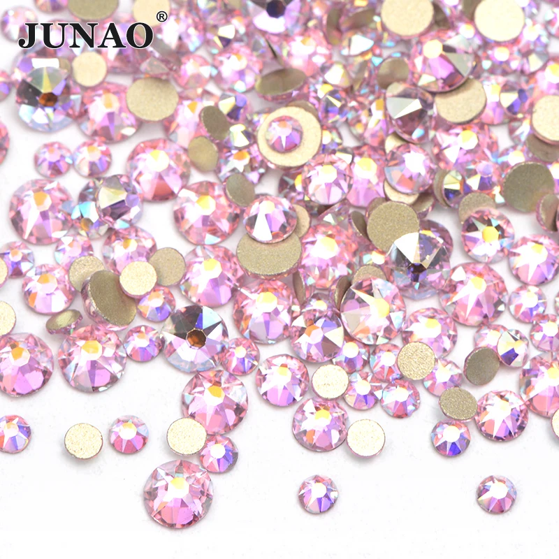 

JUNAO 16 Cut Facets Mix Size SS10 SS16 SS20 Pink AB Glass Rhinestone Flatback Round Crystal Stone Applique Nail Art Decoration