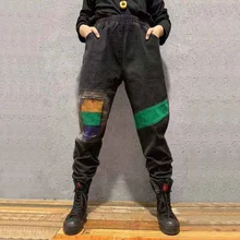 Весенние джинсы Для женщин в стиле «Ретро», с эластичным поясом, тонкий тип высокая эластичность джинсовые штаны новые женские Повседневное лоскутные брюки, подходящие для любого размера