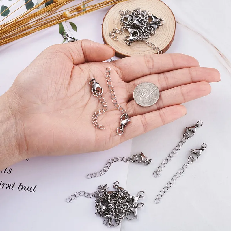 50pcs 304 Stainless Steel Ends with Chain Clasp Ring Connectors for Jewelry Making DIY Bracelet Necklace 58mm