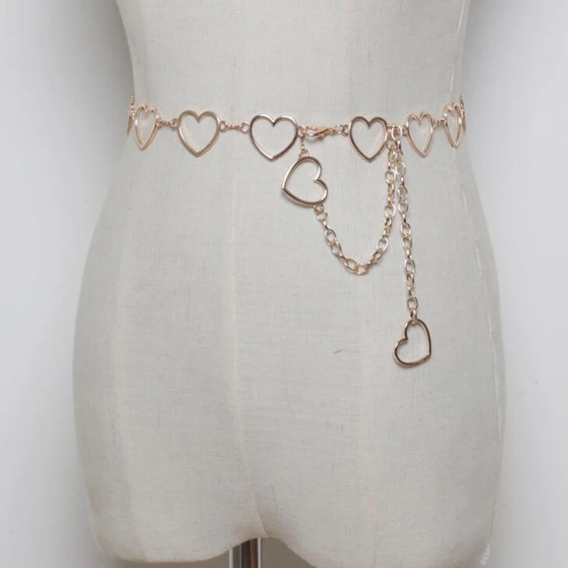 Женское модное платье с сердечками и цепочкой, серебряное, золотое, тонкие металлические ремни 110 см, длинные дизайнерские цепочки с