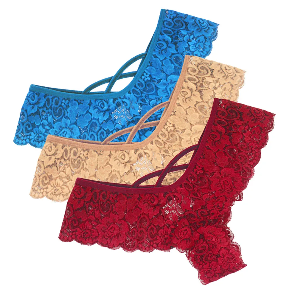 Женские кружевные трусики стринги бесшовные с низкой талией 3 шт.|Женские