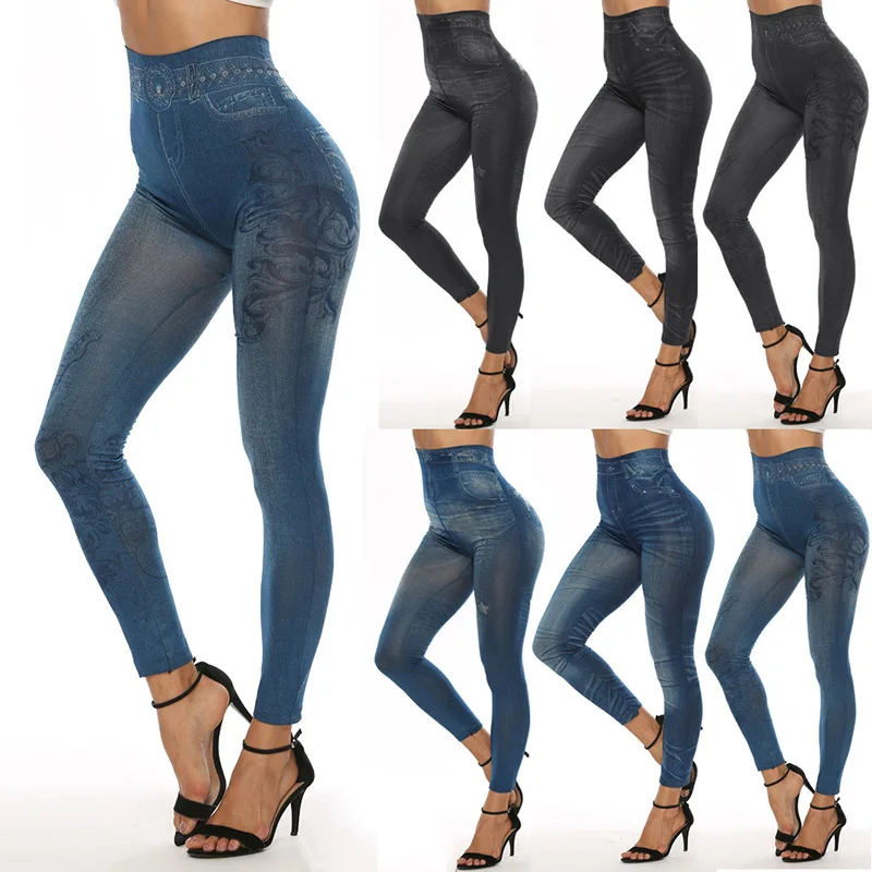 

14 Styles New Plus Size Workout Leggings Printed Black Blue Faux Jean Legging Ankle-Length High Waist Spandex Pants Autumn Pants