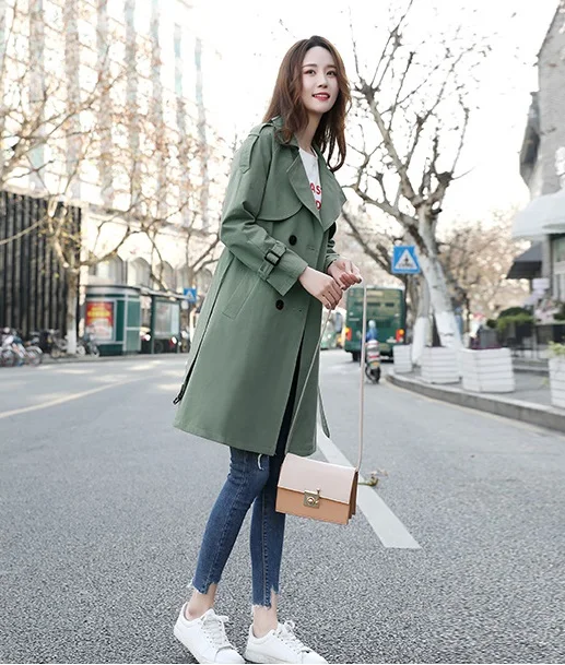 Осенне-зимнее новое пальто-ветровка, женское модное повседневное длинное пальто, женское двубортное пальто размера плюс с отворотом, n006 - Цвет: ArmyGreen